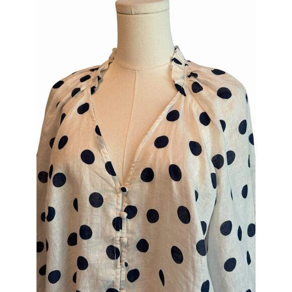Maeve Anthropologie Linen Shirt Medium Blue Polka Dot Relaxed Button Dow Career - Picture 5 of 13